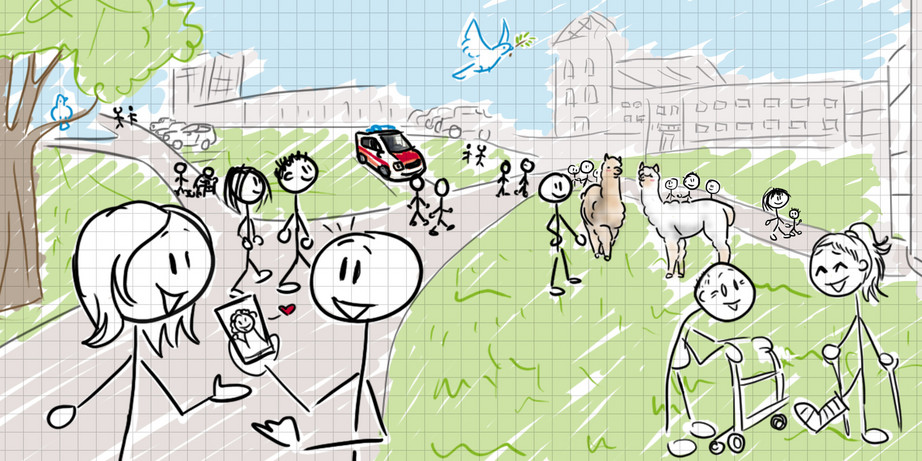 Comiczeichnung verschiedener Menschen die in Relation zueinanderstehen vor einem Agaplesion Krankenhaus